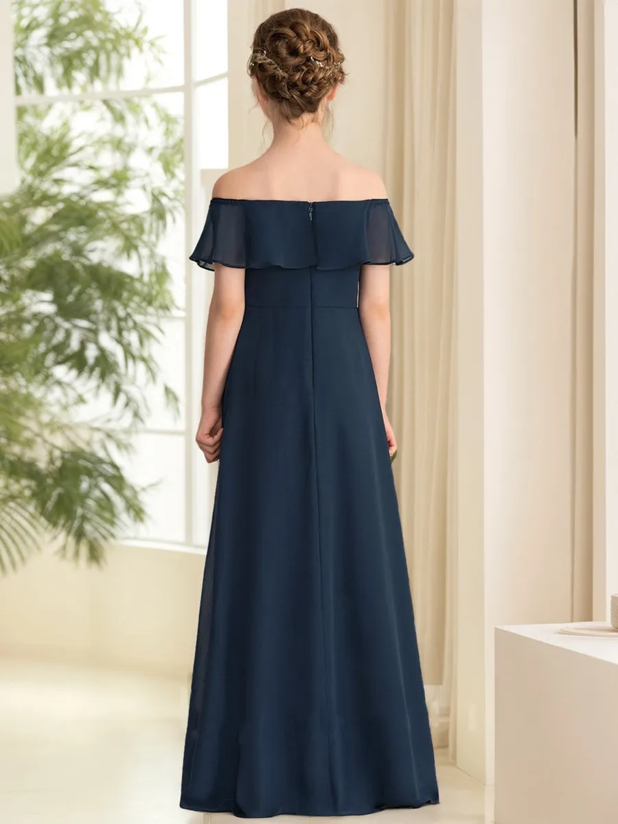 A-Line/Princess Off-the-Shoulder Short Sleeves Ruched Junior Bridesmaid Dresses sold by Lavetir product image thumbnail 2