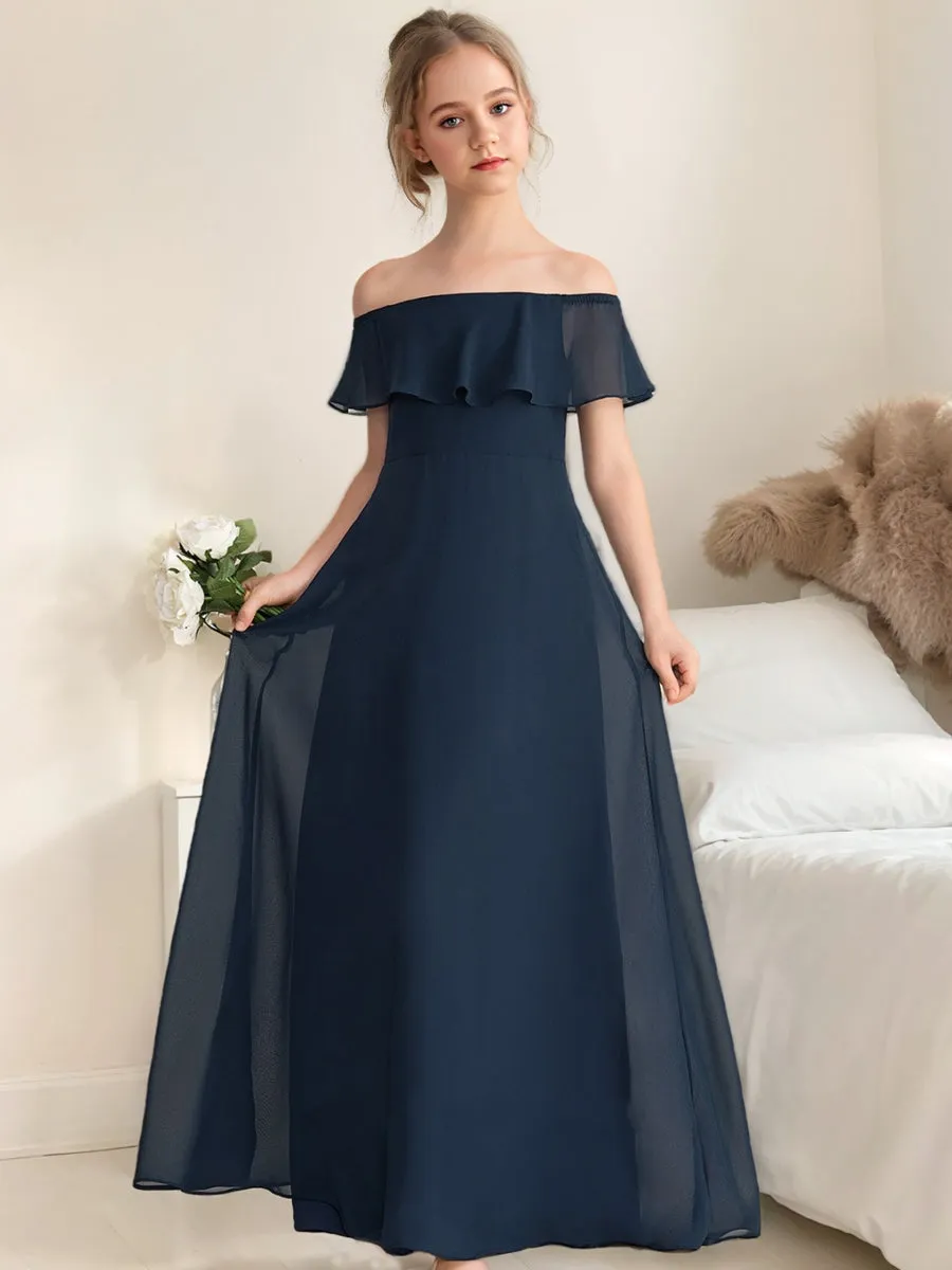 A-Line/Princess Off-the-Shoulder Short Sleeves Ruched Junior Bridesmaid Dresses sold by Lavetir