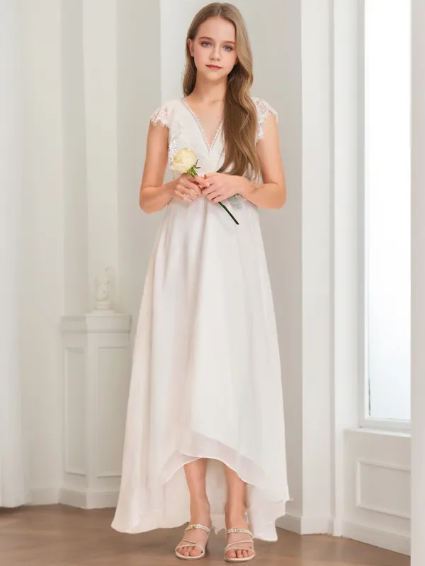 A-Line/Princess V-Neck Short Sleeves Lace Junior Bridesmaid Dresses sold by Lavetir