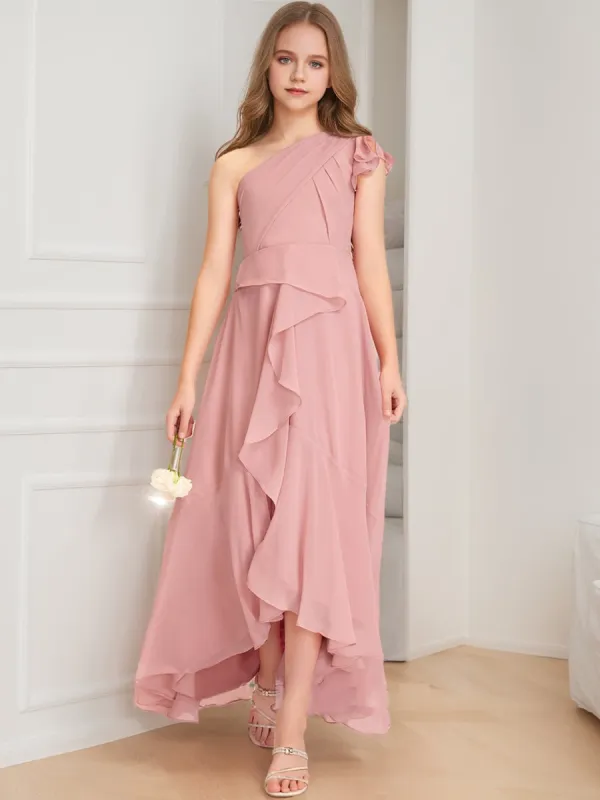 A-Line/Princess One-Shoulder Asymmetrical Ruffles Junior Bridesmaid Dresses sold by Lavetir