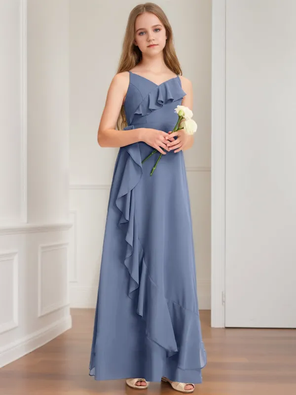 A-Line/Princess V-Neck Sleeveless Ruffles Junior Bridesmaid Dresses sold by Lavetir