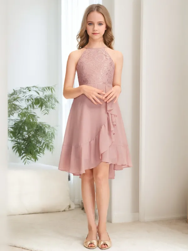A-Line/Princess Halter Sleeveless Lace Junior Bridesmaid Dresses sold by Lavetir
