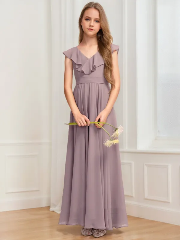 A-Line/Princess V-Neck Sleeveless Ruffles Junior Bridesmaid Dresses sold by Lavetir
