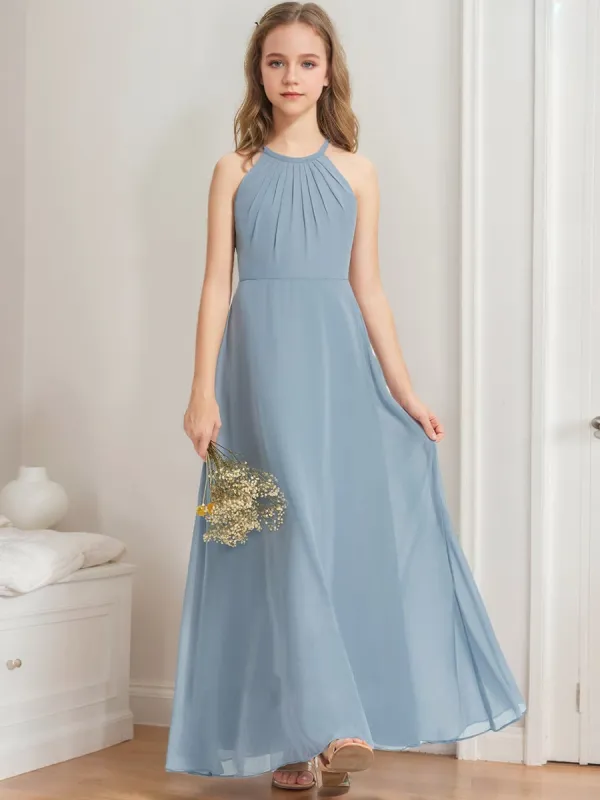 A-Line/Princess Halter Sleeveless Ruched Junior Bridesmaid Dresses sold by Lavetir