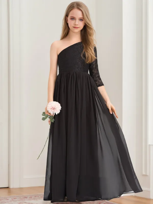 A-Line/Princess One-Shoulder Asymmetrical Lace Junior Bridesmaid Dresses sold by Lavetir