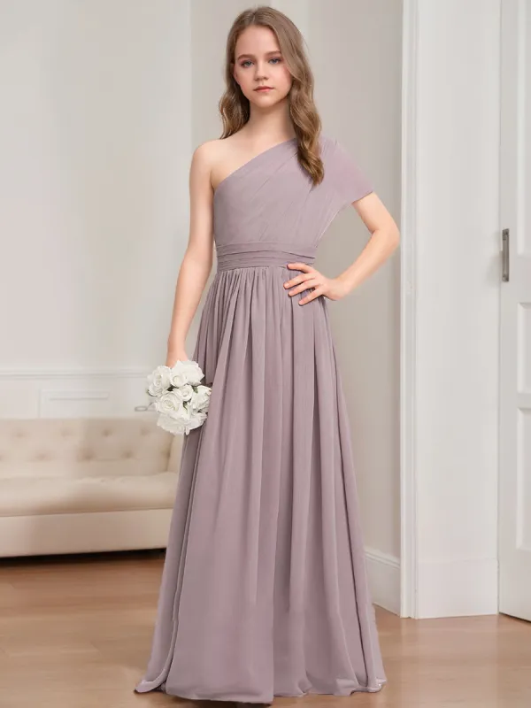 A-Line/Princess One-Shoulder Asymmetrical Ruched Junior Bridesmaid Dresses sold by Lavetir