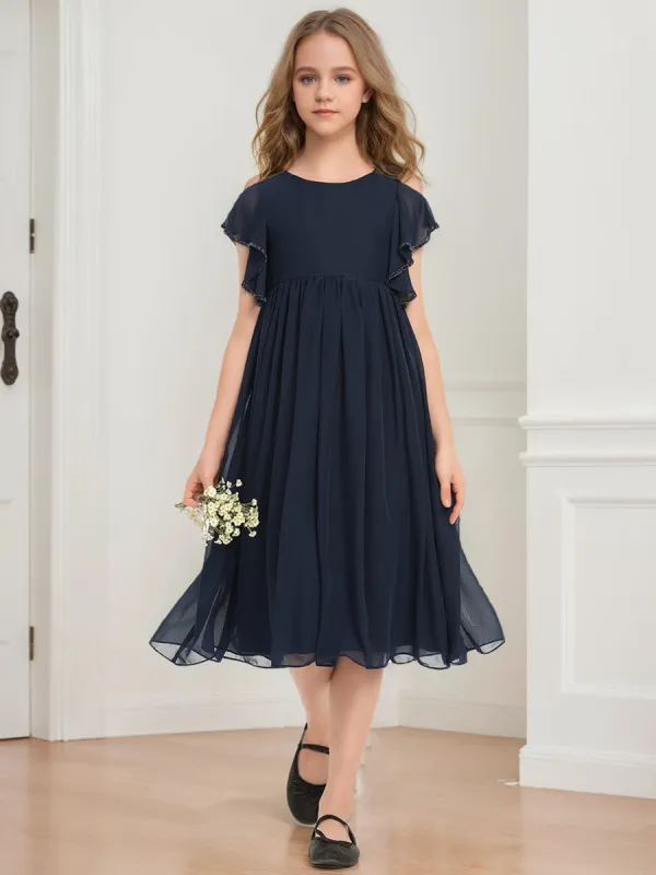 A-Line/Princess Scoop Short Sleeves Beading Junior Bridesmaid Dresses sold by Lavetir