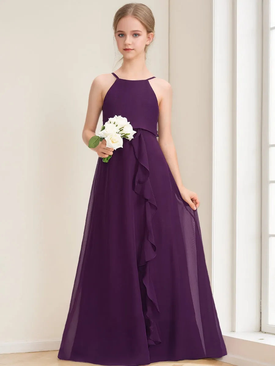A-Line/Princess Halter Sleeveless Ruffles Junior Bridesmaid Dresses sold by Lavetir