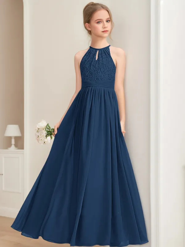 A-Line/Princess Halter Sleeveless Lace Junior Bridesmaid Dresses sold by Lavetir