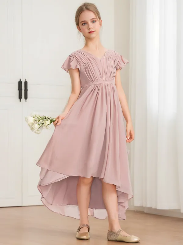 A-Line/Princess V-Neck Short Sleeves Bow Junior Bridesmaid Dresses sold by Lavetir