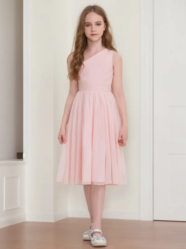 A-Line/Princess One-Shoulder Sleeveless Ruched Junior Bridesmaid Dresses sold by Lavetir