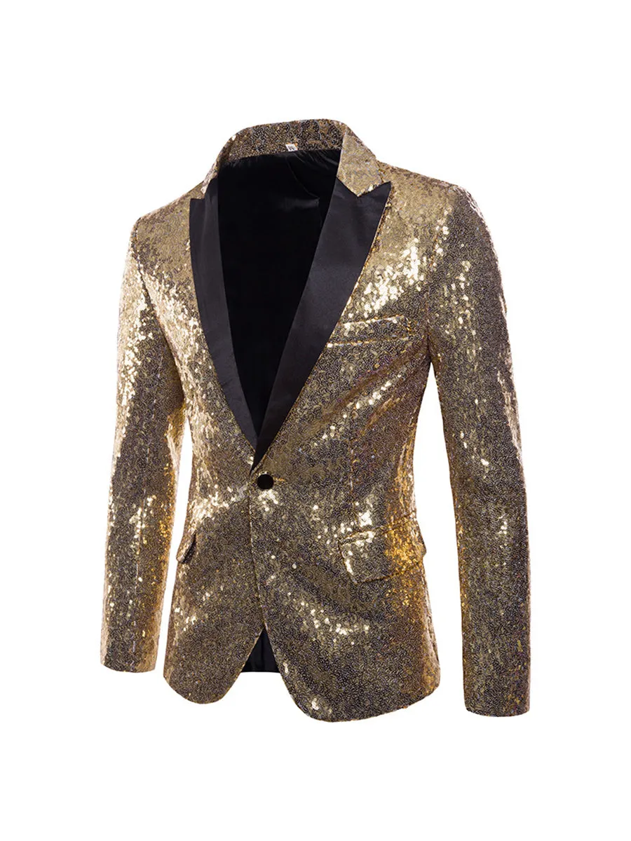 Men's Tailored Fit Gold Single Breasted One-Button Sequins Party Jacket sold by Lavetir