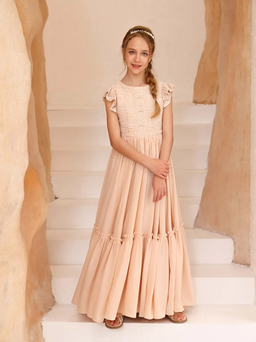 A-Line/Princess Lace Short Sleeves Scoop Neck Floor-Length Junior Bridesmaid Dresses sold by Lavetir product image thumbnail 3