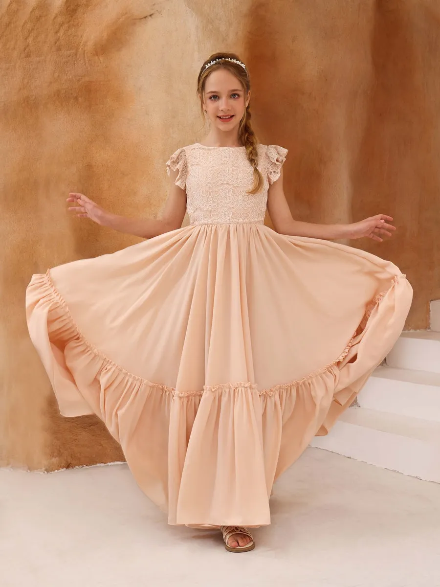 A-Line/Princess Lace Short Sleeves Scoop Neck Floor-Length Junior Bridesmaid Dresses sold by Lavetir