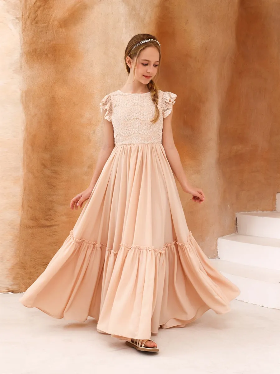 A-Line/Princess Lace Short Sleeves Scoop Neck Floor-Length Junior Bridesmaid Dresses sold by Lavetir product image thumbnail 5