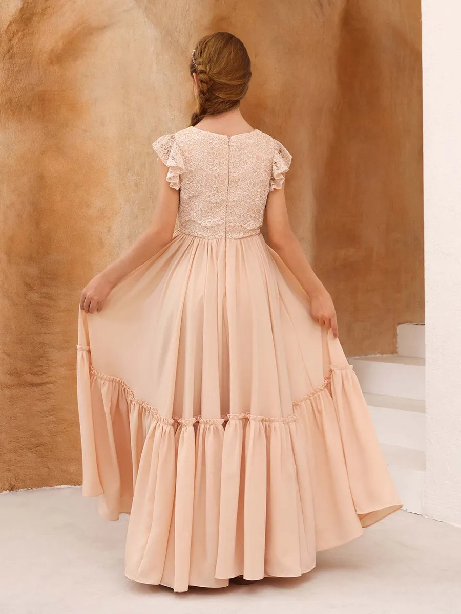 A-Line/Princess Lace Short Sleeves Scoop Neck Floor-Length Junior Bridesmaid Dresses sold by Lavetir product image thumbnail 2