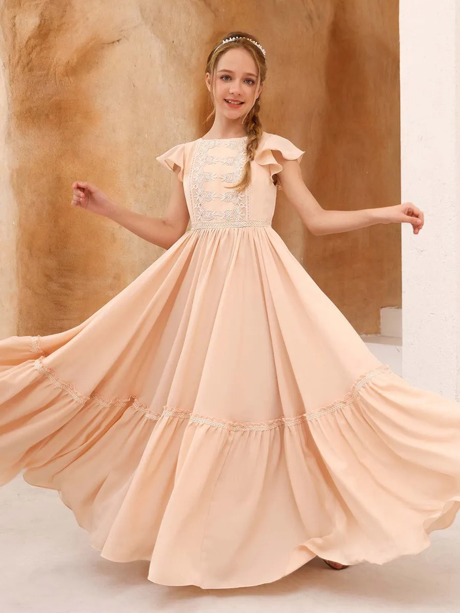 A-Line/Princess Short Sleeves Scoop Neck Floor-Length Junior Bridesmaid Dresses sold by Lavetir