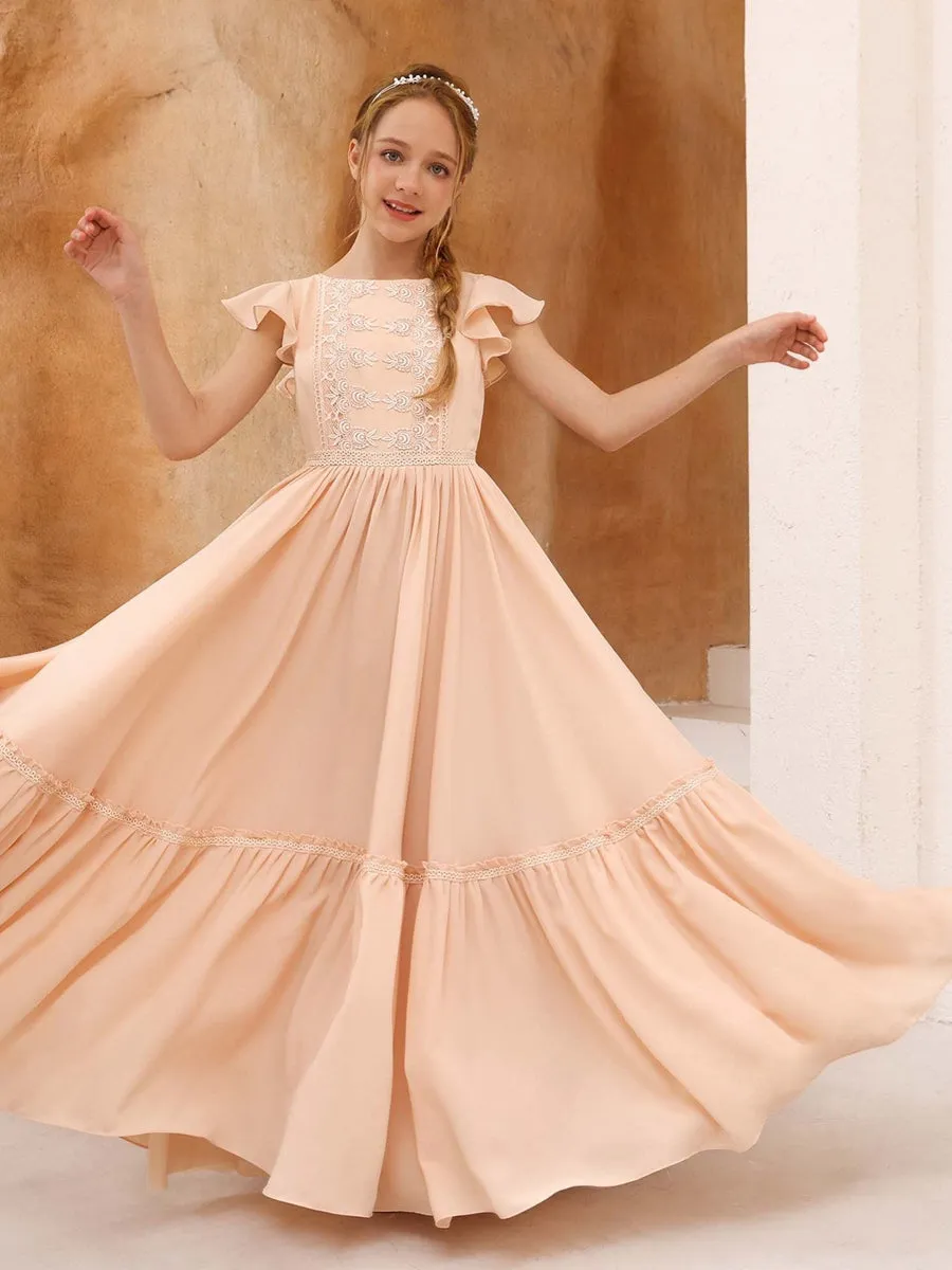 A-Line/Princess Short Sleeves Scoop Neck Floor-Length Junior Bridesmaid Dresses sold by Lavetir product image thumbnail 3