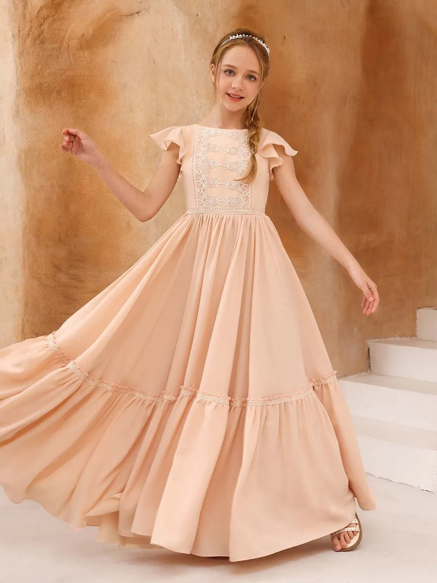 A-Line/Princess Short Sleeves Scoop Neck Floor-Length Junior Bridesmaid Dresses sold by Lavetir product image thumbnail 4