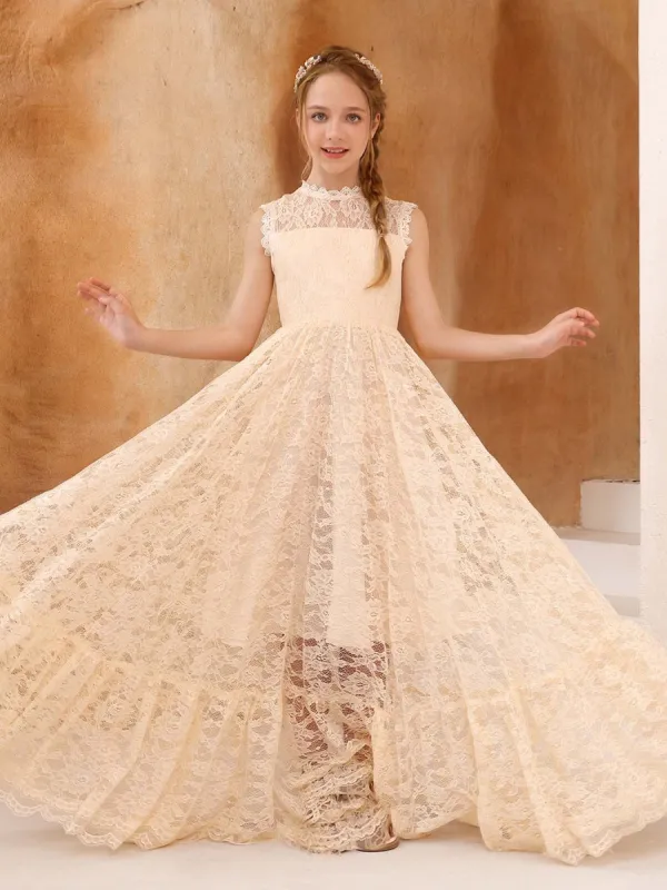 A-Line/Princess Lace Sleeveless Scoop Neck Floor-Length Junior Bridesmaid Dresses sold by Lavetir