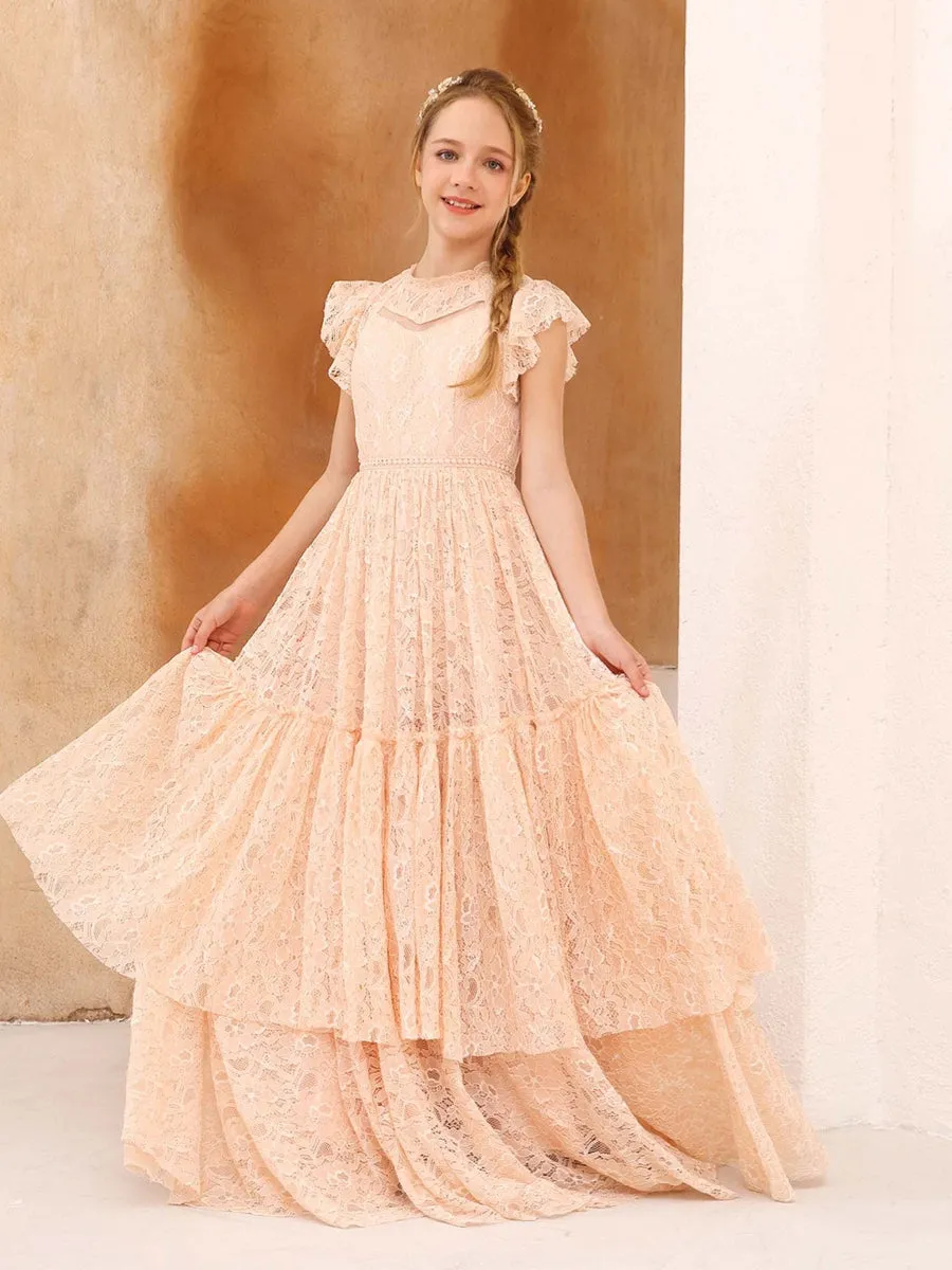 A-Line/Princess Lace Short Sleeves Scoop Neck Floor-Length Junior Bridesmaid Dresses sold by Lavetir product image thumbnail 4
