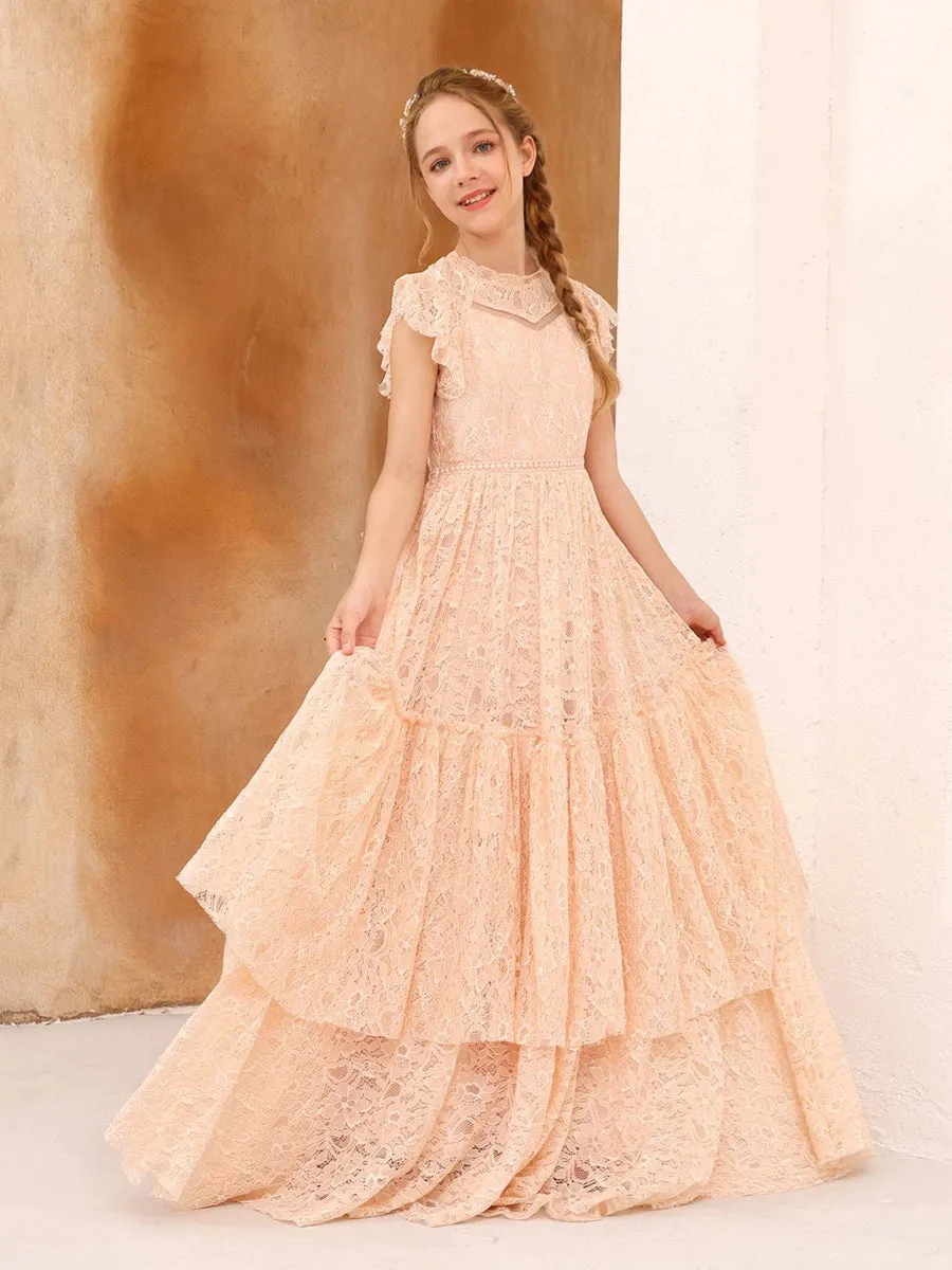 A-Line/Princess Lace Short Sleeves Scoop Neck Floor-Length Junior Bridesmaid Dresses sold by Lavetir