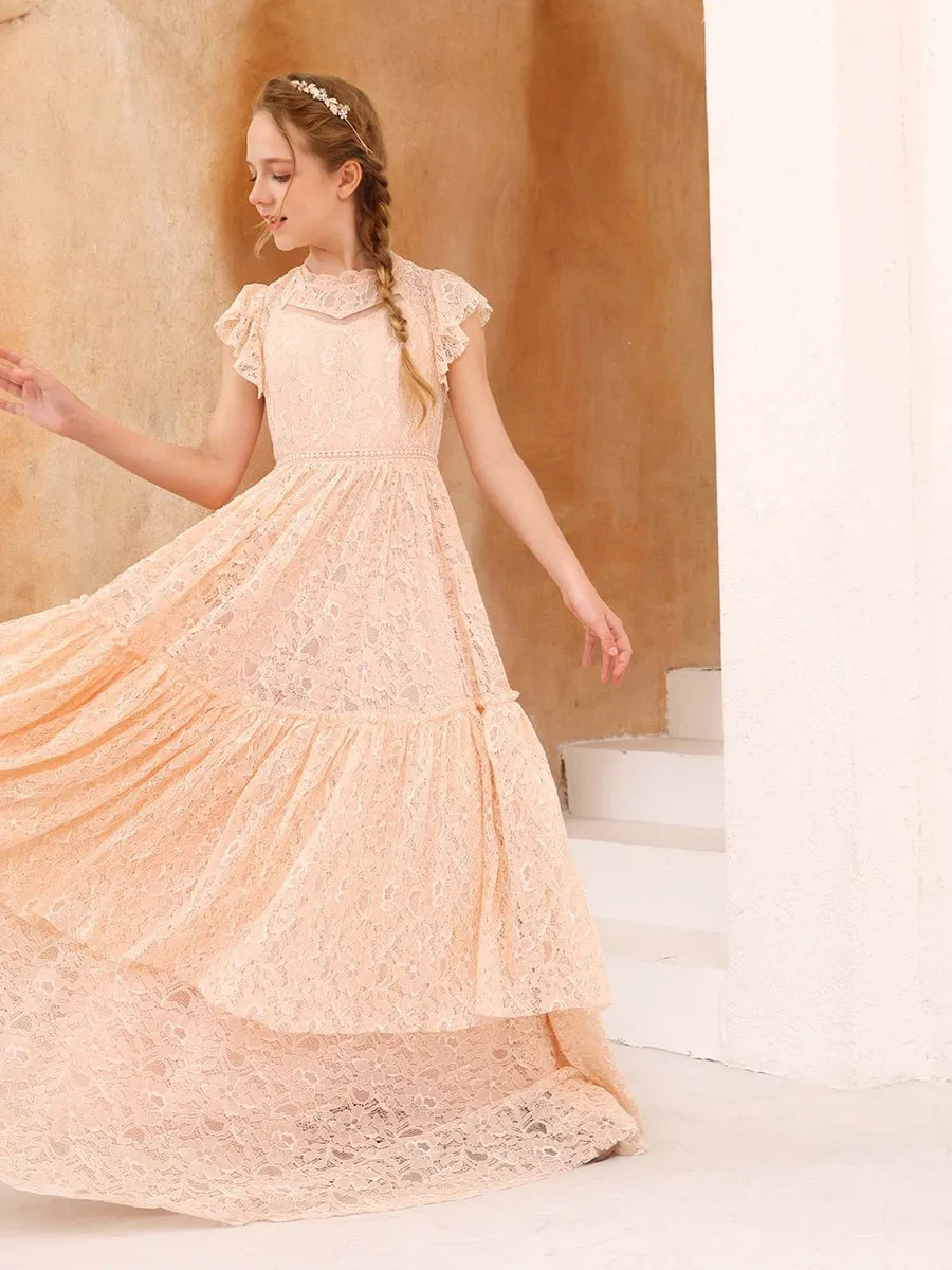 A-Line/Princess Lace Short Sleeves Scoop Neck Floor-Length Junior Bridesmaid Dresses sold by Lavetir product image thumbnail 3