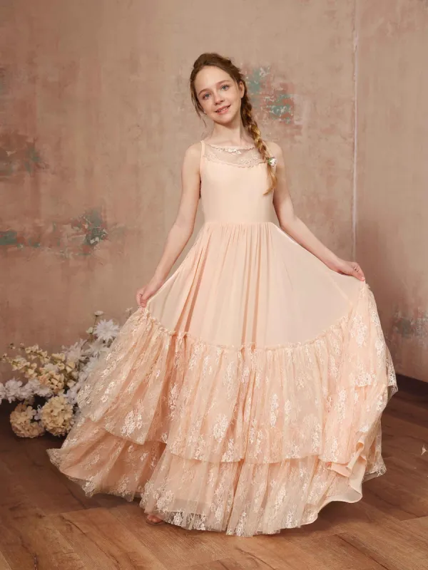 A-Line/Princess Chiffon Sleeveless Scoop Neck Floor-Length Junior Bridesmaid Dresses sold by Lavetir