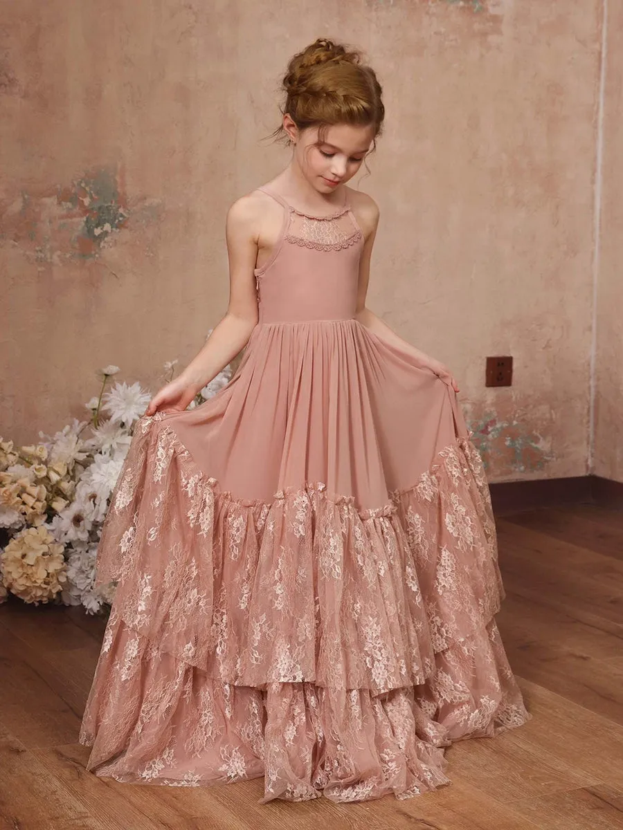 A-Line/Princess Lace Chiffon Sleeveless Scoop Neck Floor-Length Junior Bridesmaid Dresses sold by Lavetir product image thumbnail 4