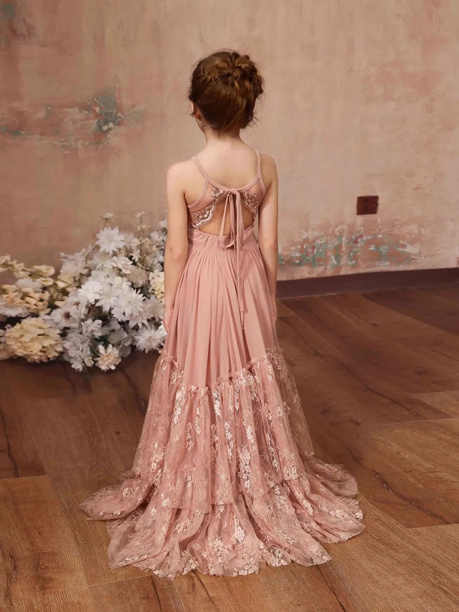 A-Line/Princess Lace Chiffon Sleeveless Scoop Neck Floor-Length Junior Bridesmaid Dresses sold by Lavetir product image thumbnail 2