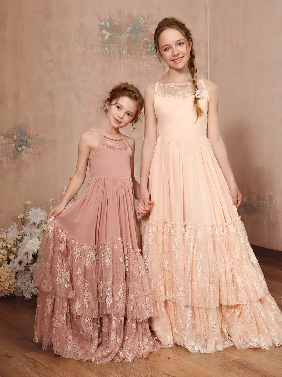 A-Line/Princess Lace Chiffon Sleeveless Scoop Neck Floor-Length Junior Bridesmaid Dresses sold by Lavetir