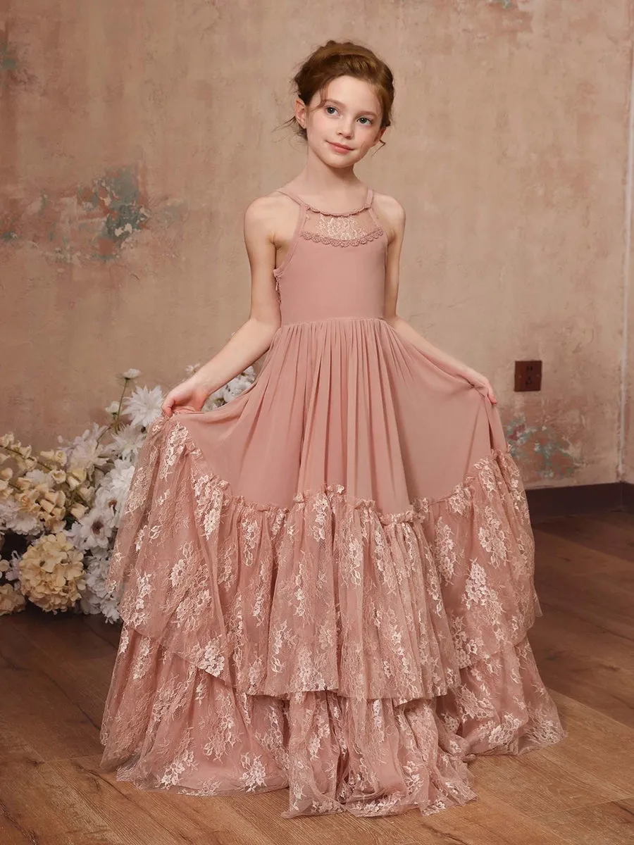 A-Line/Princess Lace Chiffon Sleeveless Scoop Neck Floor-Length Junior Bridesmaid Dresses sold by Lavetir product image thumbnail 3