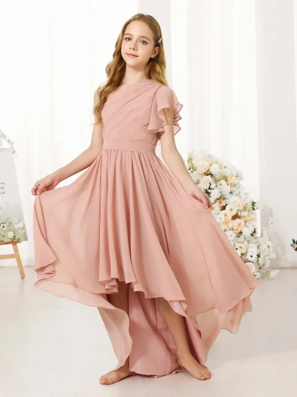 A-Line/Princess Chiffon Short Sleeves One-shoulder Asymmetrical Junior Bridesmaid Dresses sold by Lavetir