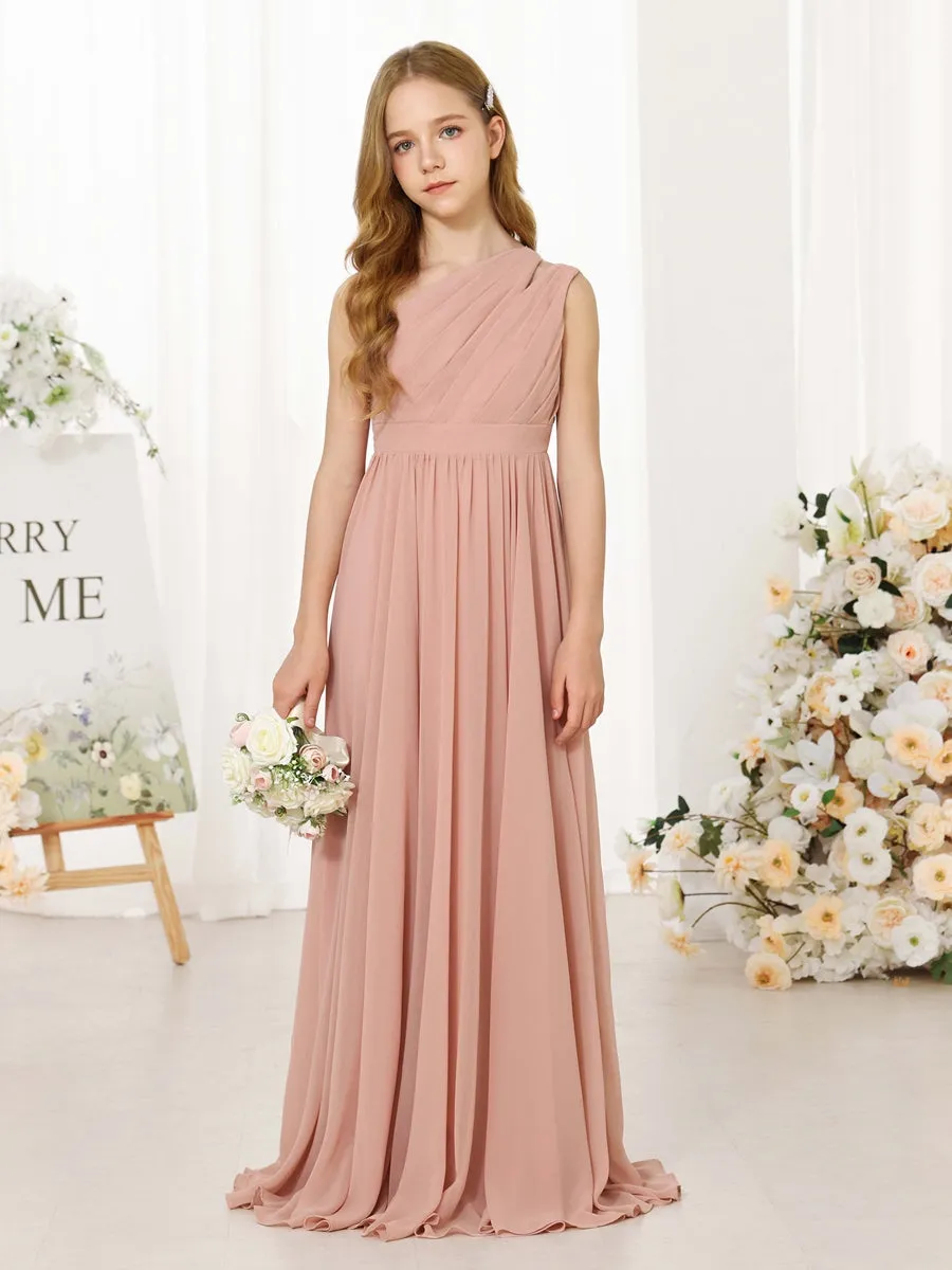 A-Line/Princess Chiffon Sleeveless One-Shoulder Floor-Length Junior Bridesmaid Dresses sold by Lavetir product image thumbnail 4