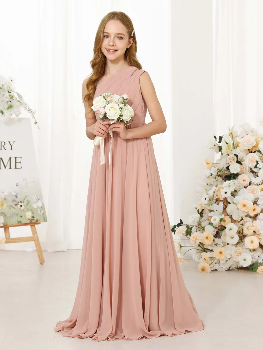 A-Line/Princess Chiffon Sleeveless One-Shoulder Floor-Length Junior Bridesmaid Dresses sold by Lavetir product image thumbnail 3