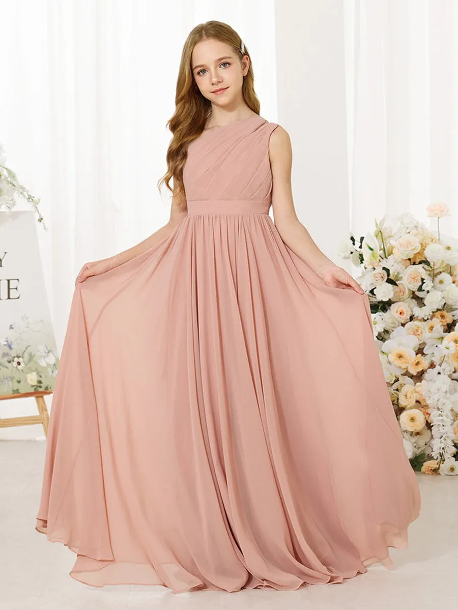 A-Line/Princess Chiffon Sleeveless One-Shoulder Floor-Length Junior Bridesmaid Dresses sold by Lavetir