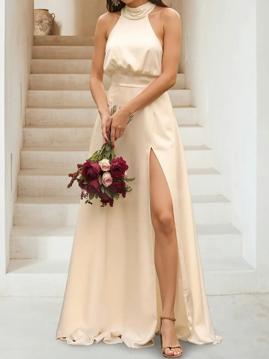 A-Line/Princess Halter Sleeveless Split Side Bridesmaid Dresses sold by Lavetir product image thumbnail 3