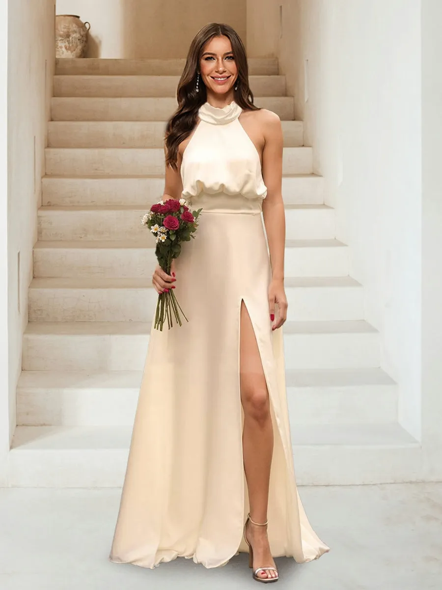 A-Line/Princess Halter Sleeveless Split Side Bridesmaid Dresses sold by Lavetir
