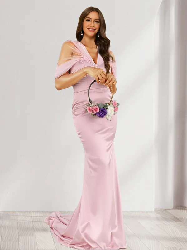 Sheath/Column V-Neck Short Sleeves Ruched Bridesmaid Dresses sold by Lavetir