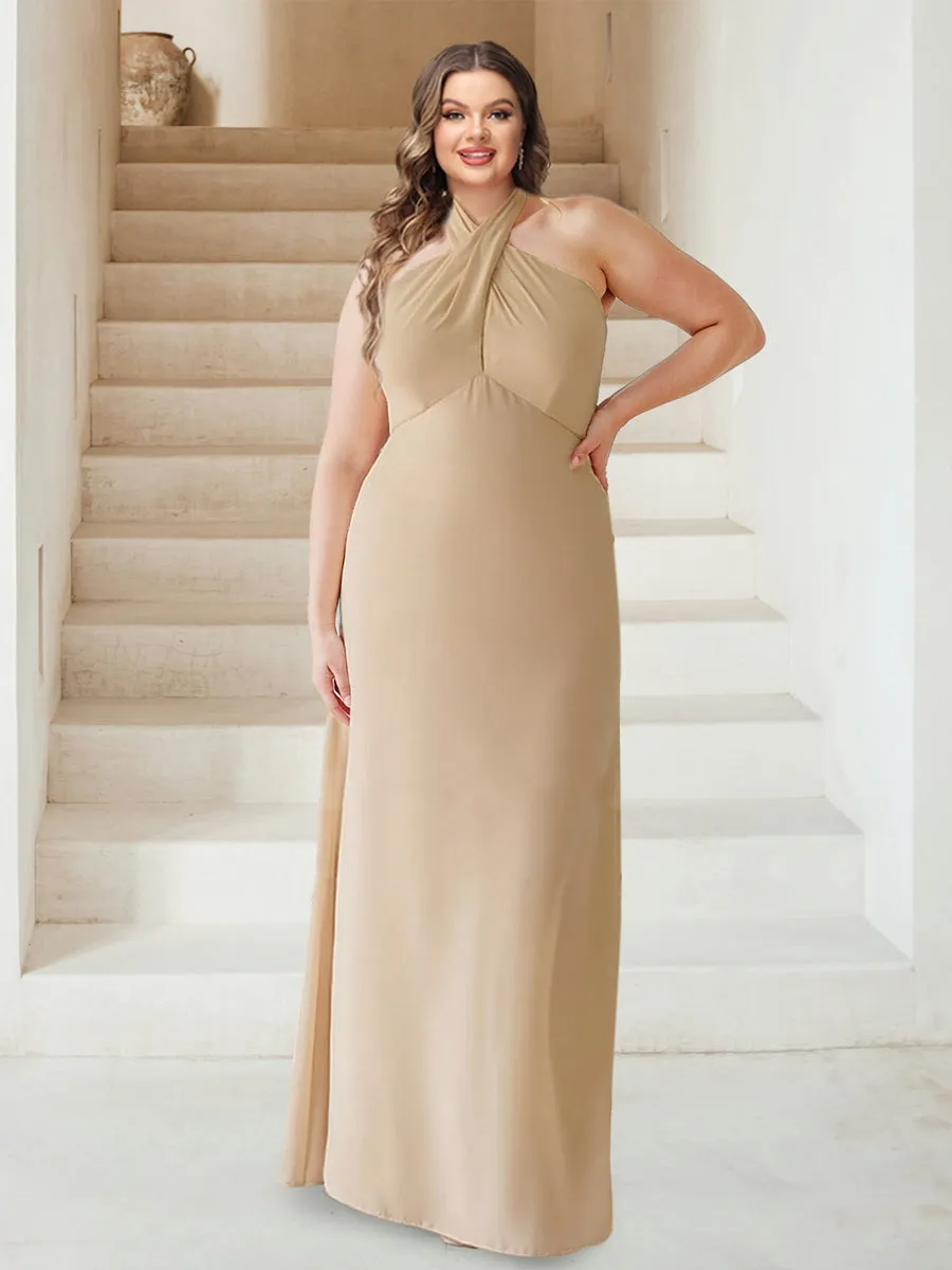 Sheath/Column Halter Sleeveless Ruched Plus Size Bridesmaid Dresses sold by Lavetir