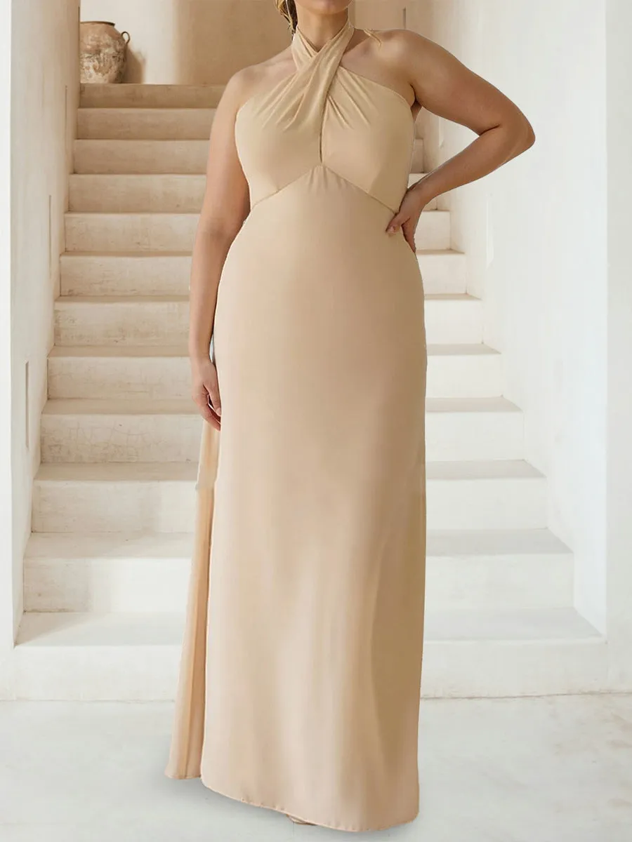 Sheath/Column Halter Sleeveless Ruched Plus Size Bridesmaid Dresses sold by Lavetir product image thumbnail 3