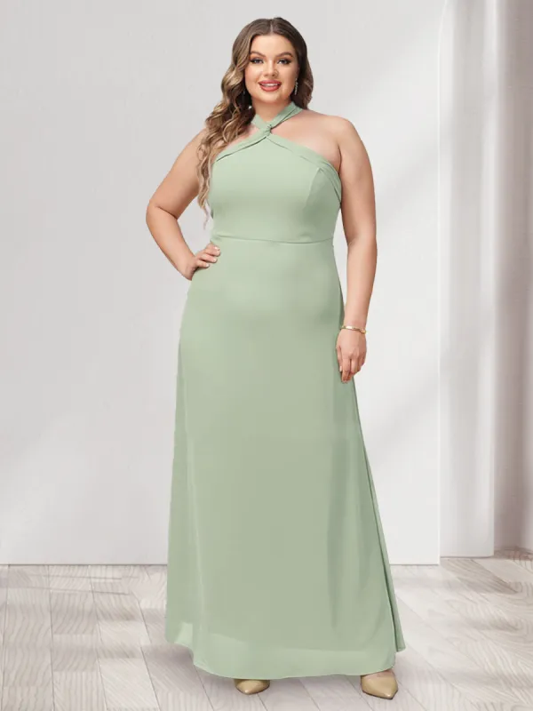 A-Line/Princess Halter Sleeveless Ruched Plus Size Bridesmaid Dresses sold by Lavetir