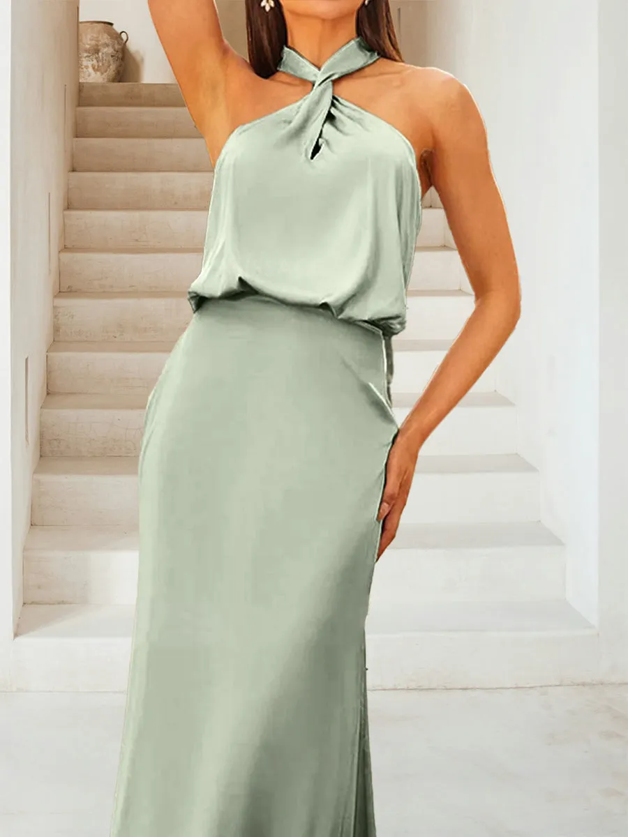 Sheath/Column Halter Sleeveless Ruched Bridesmaid Dresses sold by Lavetir product image thumbnail 3