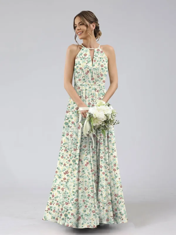 A-Line/Princess Halter Sleeveless Ruched Floral Bridesmaid Dresses sold by Lavetir