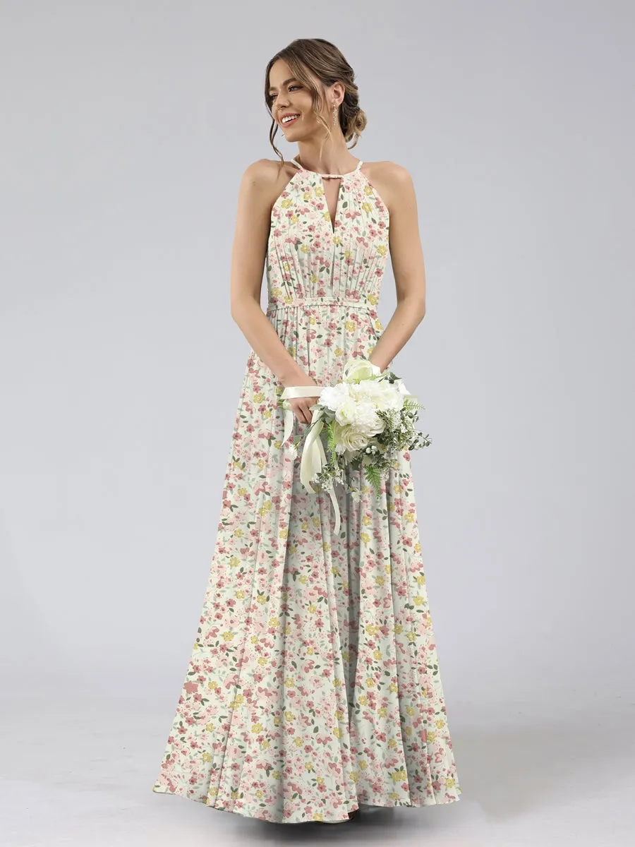 A-Line/Princess Halter Sleeveless Ruched Floral Bridesmaid Dresses sold by Lavetir product image thumbnail 3