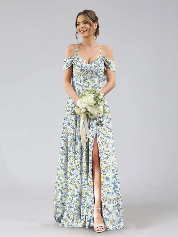 A-Line/Princess Cold Shoulder Short Sleeves Split Side Floral Bridesmaid Dresses sold by Lavetir