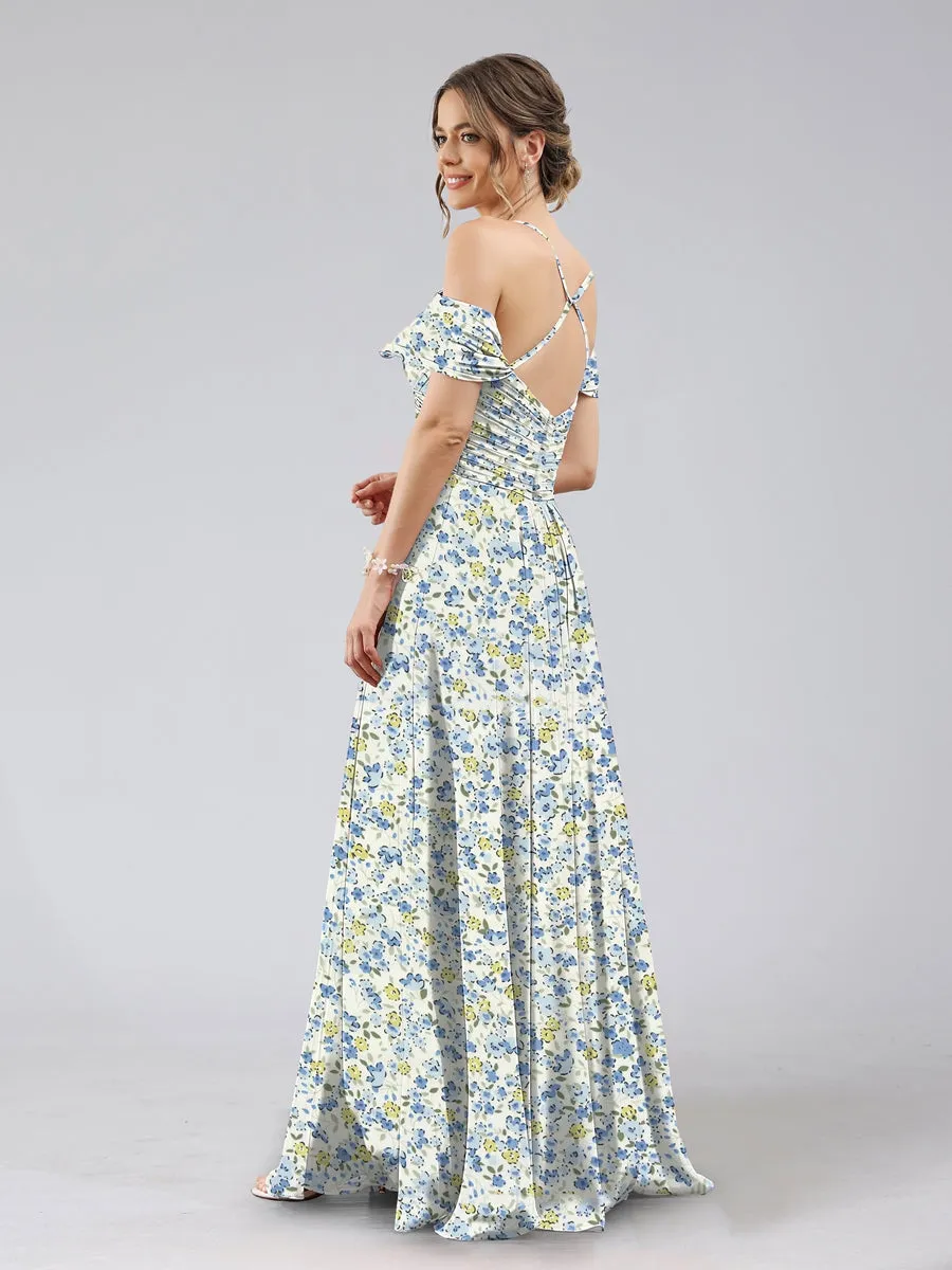 A-Line/Princess Cold Shoulder Short Sleeves Split Side Floral Bridesmaid Dresses sold by Lavetir product image thumbnail 2