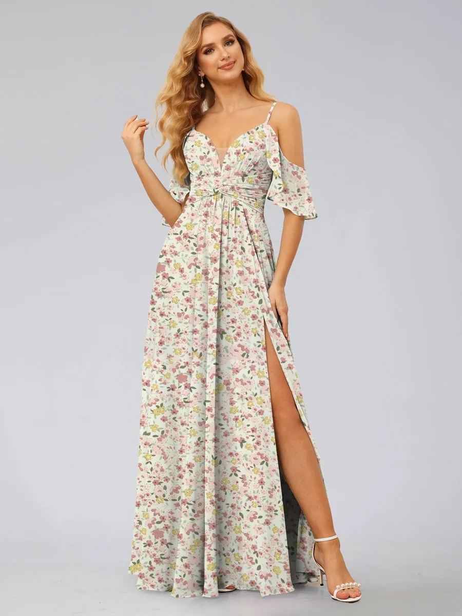 A-Line/Princess Cold Shoulder Short Sleeves Split Side Floral Bridesmaid Dresses sold by Lavetir product image thumbnail 4