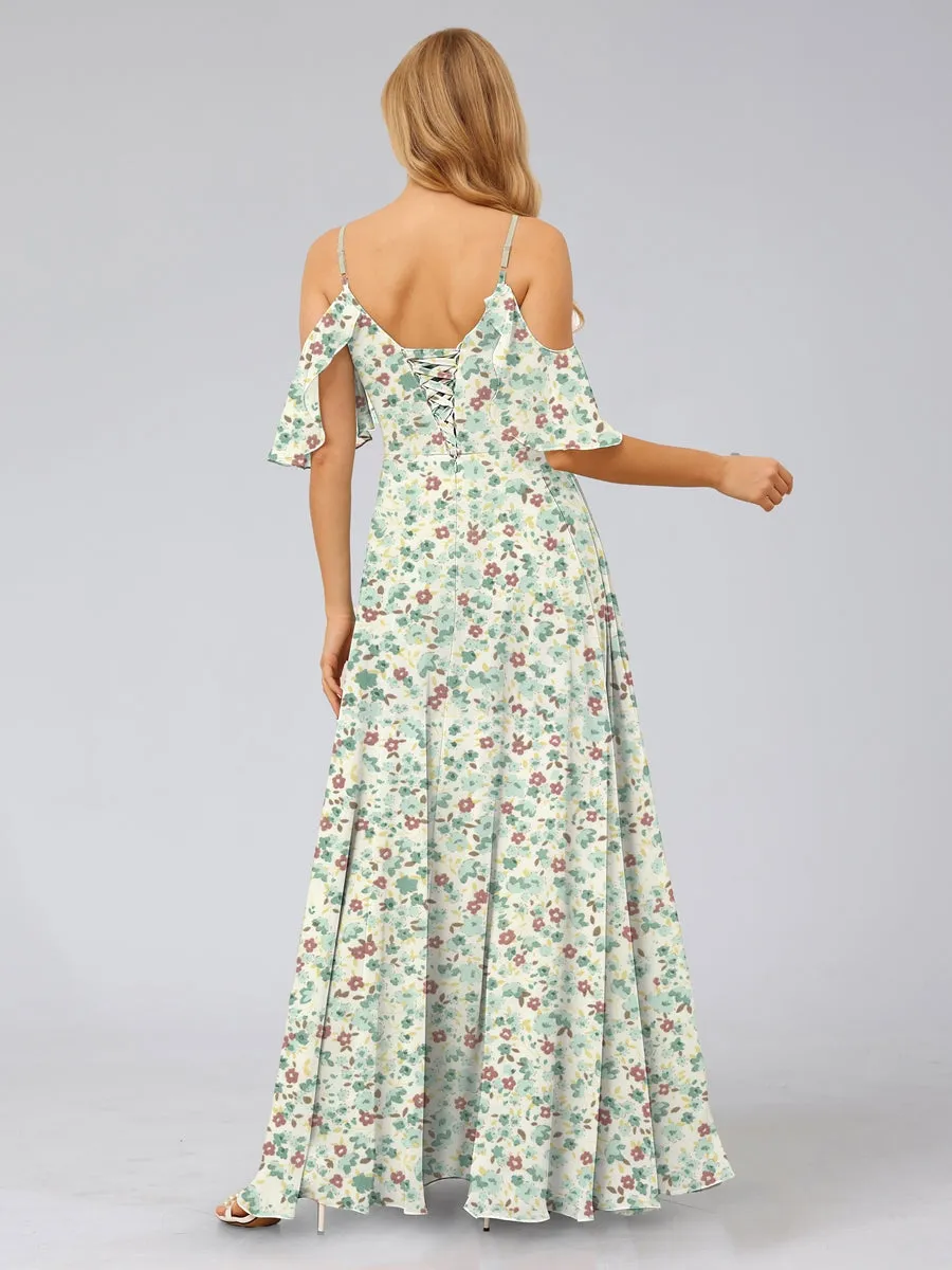 A-Line/Princess Cold Shoulder Short Sleeves Split Side Floral Bridesmaid Dresses sold by Lavetir product image thumbnail 2