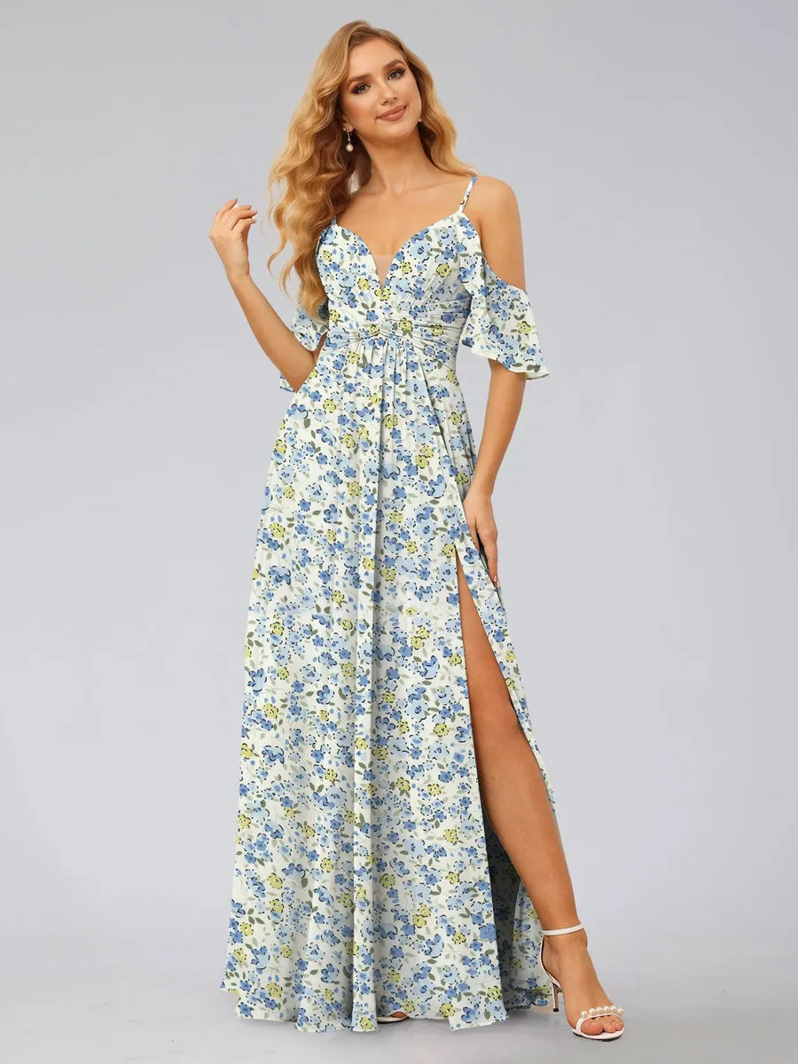 A-Line/Princess Cold Shoulder Short Sleeves Split Side Floral Bridesmaid Dresses sold by Lavetir product image thumbnail 3